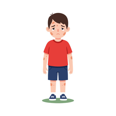 Illustration of a sad boy with visible skin rash and bruises on arms and legs wearing red shirt and blue shorts, standing alone. Mood is somber.のイラスト素材