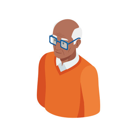 Vector illustration features an elderly man with glasses dressed in an orange sweater and white shirt, shown in isometric style. Calm mood.のイラスト素材