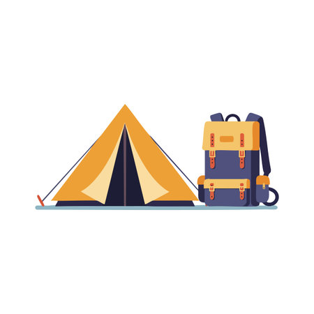 Vector shows a yellow-orange camping tent next to a large hiking backpack for outdoor travel and adventure, presenting a calm and inviting mood.のイラスト素材
