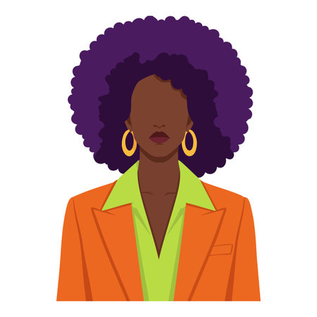 Illustration of a woman with purple afro hair wearing an orange blazer and green shirt, facing forward with gold earrings, stylish and confident mood.のイラスト素材