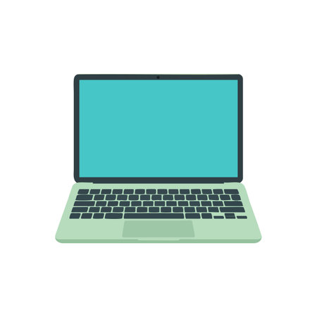 Illustration of a laptop with turquoise screen and green body showing technology and digital communication in a flat design style, simple and modern mood.のイラスト素材