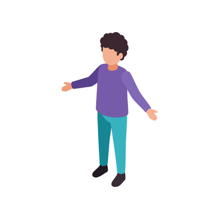 Vector illustration of a boy with curly hair standing with open arms wearing purple shirt and blue...