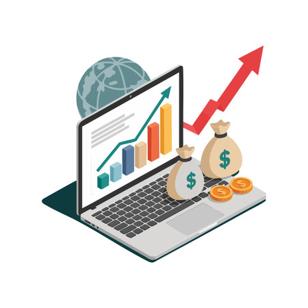 Vector illustration of a laptop displaying a rising bar graph with money bags and coins symbolizing financial growth and investment success. Optimistic mood.のイラスト素材