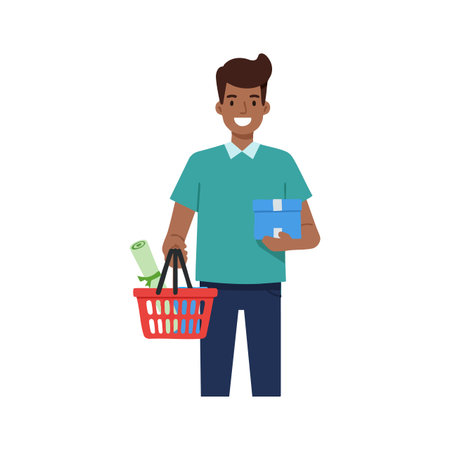 Illustration of a young man smiling and carrying a shopping basket and gift box, wearing casual clothes, cheerful mood.のイラスト素材