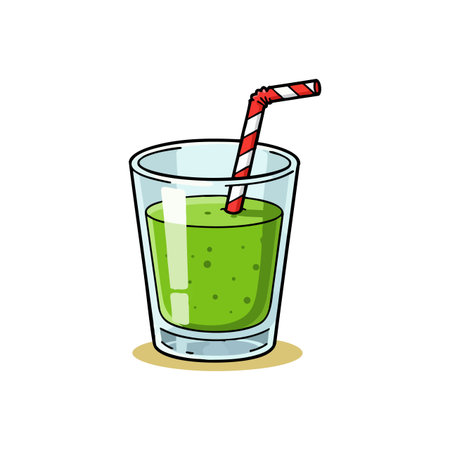 Vector of a green smoothie in a clear glass with a red and white striped straw, presenting a fresh and healthy beverage illustration. Cheerful mood.のイラスト素材