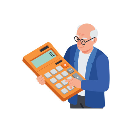 Illustration of elderly man with glasses operating a large orange calculator, focused on calculation, in bright flat style, educational and calm.のイラスト素材