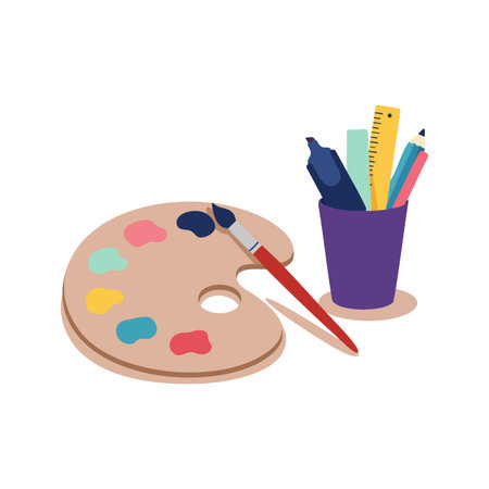 This vector image shows an artist palette with multiple paint colors and a brush, next to a purple cup holding pencils, a ruler, and a marker, artistic and creative mood.のイラスト素材