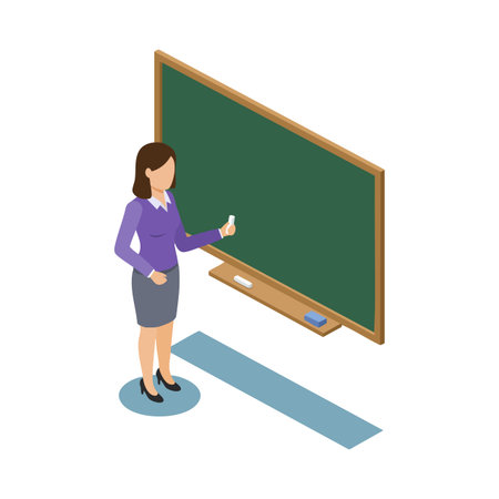 Woman teacher in purple sweater stands near green chalkboard holding chalk, ready to teach in classroom setting, educational and professional mood.のイラスト素材