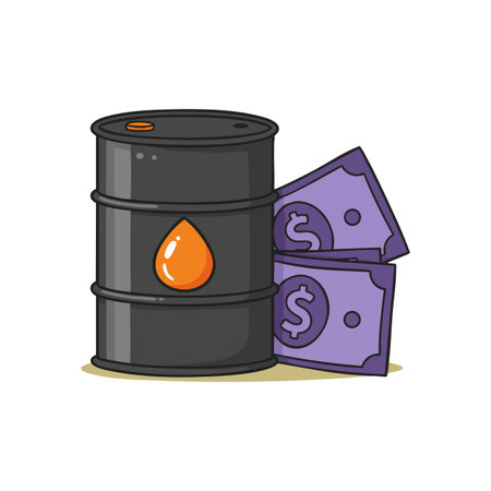 Illustration shows black oil barrel with orange drop and purple dollar bills indicating energy market value and financial investment in fuel sector, optimistic mood.のイラスト素材