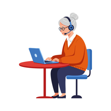 Elderly woman wearing glasses and headset types on laptop at a round red table, sitting on a blue chair, focused and calm.のイラスト素材