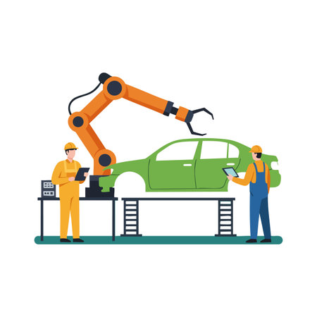 Vector showing two factory workers operating a robotic arm assembling a green car in an industrial automotive environment, modern and efficient mood.のイラスト素材