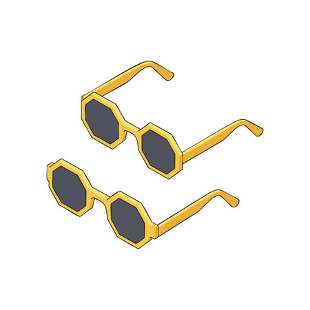 Vector image shows two pairs of octagonal sunglasses with golden frames and black lenses in a minimalist style. Stylish and modern. Trendy mood.のイラスト素材
