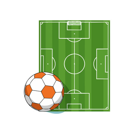 Illustration shows a detailed green soccer field with white lines and an orange and white soccer ball in foreground, bright and dynamic.のイラスト素材