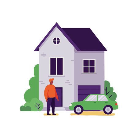 Illustration shows a modern two-story house with a green car and man standing outside near trees in a minimalist style. Calm and simple.のイラスト素材