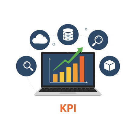 Laptop displays a colorful rising bar chart with green arrow surrounded by data, cloud, and search icons representing KPI and business analytics in a modern style. Optimistic mood.のイラスト素材