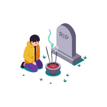 A person wearing a yellow jacket kneels beside a gravestone with incense sticks burning in a pot, creating a respectful and solemn atmosphere.のイラスト素材