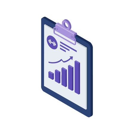 Vector image showing a clipboard with a fitness progress chart, bar graph, and exercise data in isometric style, conveying motivation and health awareness.のイラスト素材