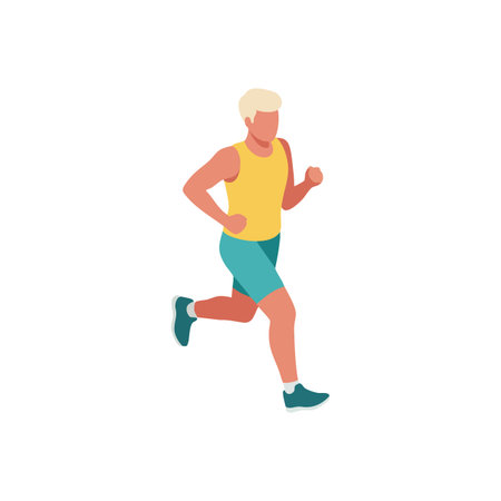Illustration of a man running in a yellow top and teal shorts, representing fitness and active lifestyle, in a dynamic pose. Energetic mood.のイラスト素材