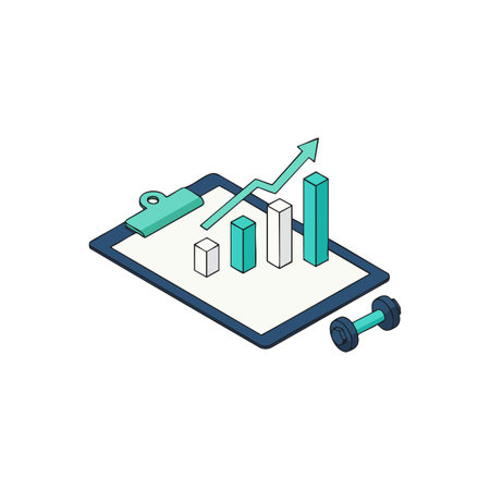 Clipboard displays rising bar graph with arrow indicating fitness progress, accompanied by dumbbell symbolizing exercise and strength, motivational and clear.のイラスト素材