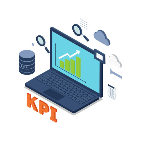 Laptop screen shows rising KPI graph with magnifying glasses and cloud icons representing data analysis and business growth. Modern digital concept. Professional mood.のイラスト素材