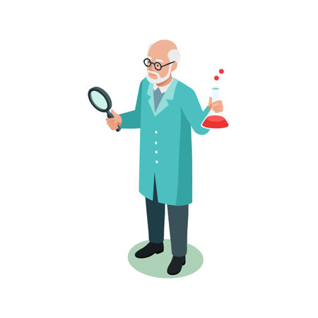 Scientist in teal coat holds magnifying glass and red chemical flask, examining experiment carefully in bright setting, focused and thoughtful mood.のイラスト素材