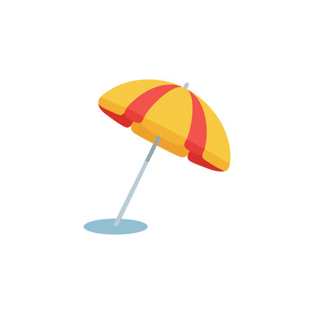 Vector image of a yellow and red beach umbrella casting a shadow on white background, symbolizing summer and outdoor leisure. Bright and cheerful.のイラスト素材