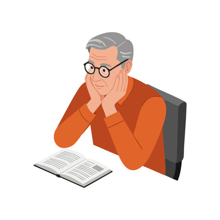 Elderly man with gray hair and glasses reads the book attentively while resting his face on hands, dressed in orange sweater, calm and focused mood.のイラスト素材