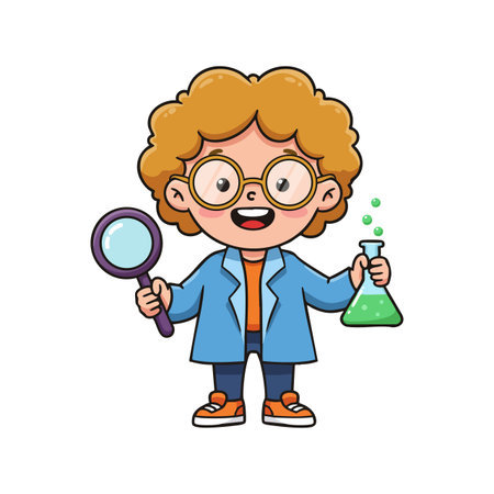 Child scientist character wearing glasses and blue coat holds magnifying glass and bubbling green flask, smiling cheerfully in educational science setting. Bright mood.のイラスト素材