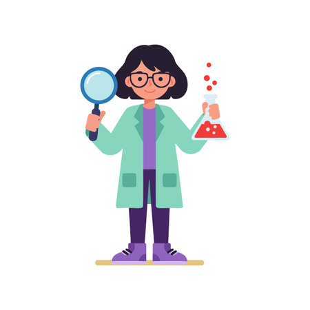Illustration of a female scientist wearing glasses and a lab coat holding a magnifying glass and a chemical flask with red bubbles, focused and curious mood.のイラスト素材