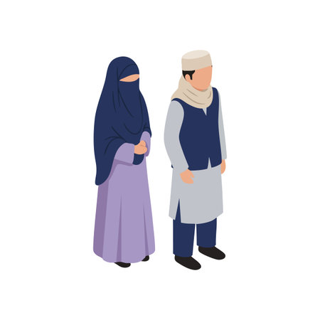 Illustration shows a Muslim man and woman in traditional attire standing side by side, expressing cultural identity and unity calm mood.のイラスト素材