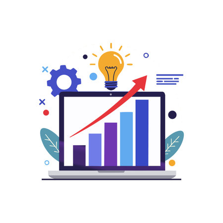 This vector illustration features a laptop with a colorful bar chart, upward arrow, and a glowing lightbulb symbolizing growth and innovation, bright and professional.のイラスト素材
