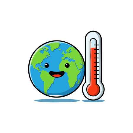 Smiling Earth character next to a red thermometer symbolizes temperature or climate change in a cheerful style. Bright and friendly mood.のイラスト素材