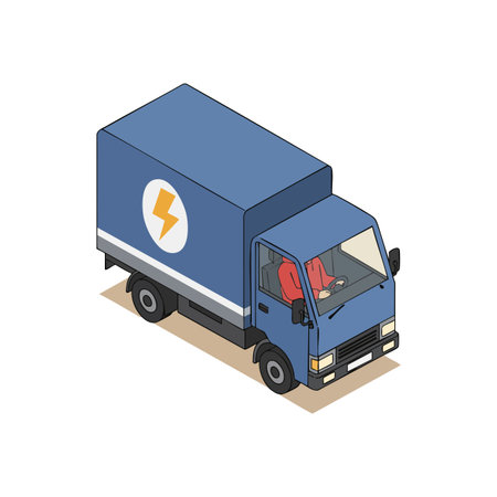 This isometric vector shows a blue electric delivery truck with a lightning bolt symbol, emphasizing sustainable logistics and eco-friendly transport, modern and efficient.のイラスト素材