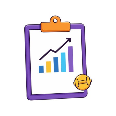 Clipboard shows an ascending bar graph in blue, yellow, and purple with a yellow dumbbell icon symbolizing fitness tracking and growth, designed in vector style. Motivational.のイラスト素材