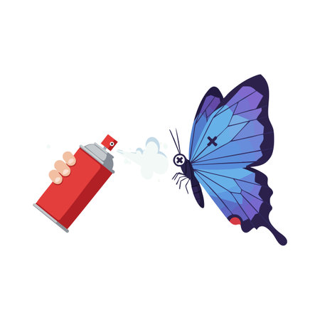 A hand sprays a blue butterfly with a red spray can, symbolizing environmental impact and pollution. The image is colorful and thought-provoking.のイラスト素材