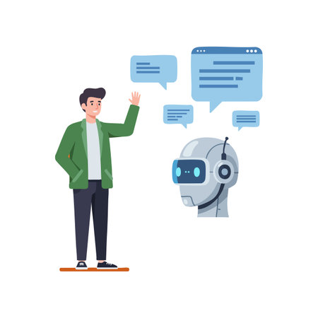 A man communicates with a robot chatbot through digital speech bubbles representing AI interaction and technology, creating a futuristic mood.のイラスト素材