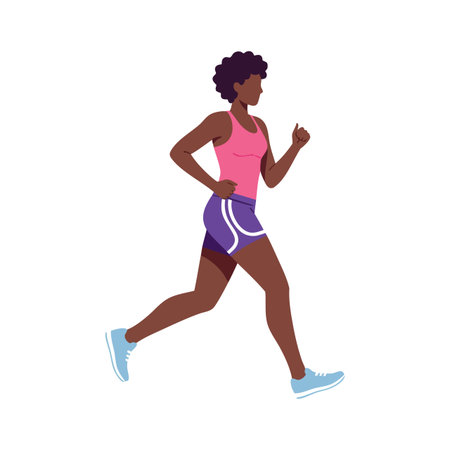 Illustration shows a woman jogging wearing pink top and purple shorts in a healthy fitness activity, energetic and active mood.のイラスト素材