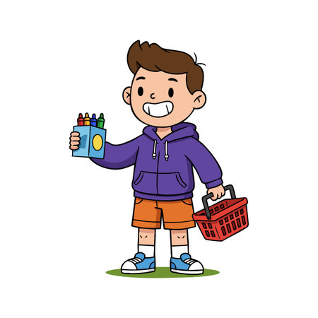 Illustration of a cheerful boy wearing a purple hoodie and orange shorts holding markers and a shopping basket, standing confidently. Playful mood.のイラスト素材