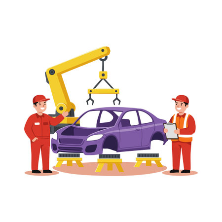 Two workers assemble a purple car body using a yellow robotic arm in a factory setting, showcasing modern industrial automation. Energetic mood.のイラスト素材