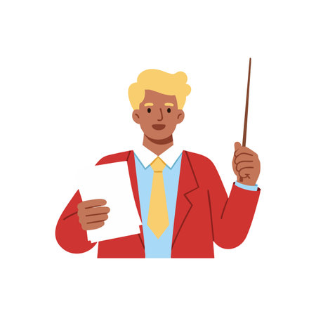 Illustration shows a male teacher holding a pointer stick and paper, wearing a red jacket with a blue shirt and yellow tie. Educational and professional mood.のイラスト素材