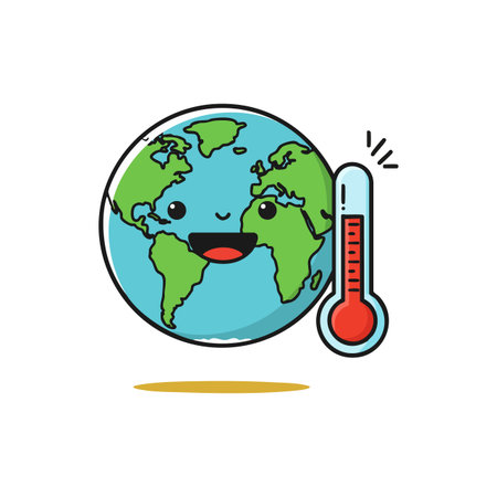 Cartoon Earth with a happy face beside a thermometer symbolizing rising temperature and climate change, illustrated in a bright and friendly style. Positive mood.のイラスト素材