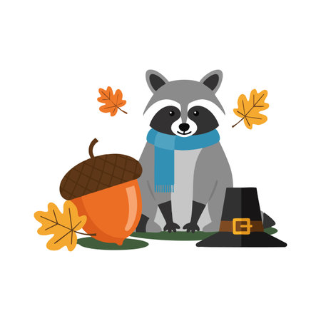 Vector illustration of a raccoon with a blue scarf surrounded by autumn leaves, an acorn, and a pilgrim hat, evoking cozy fall vibes. Cheerful.のイラスト素材