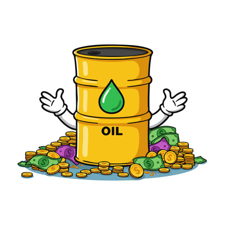 Cartoon oil barrel with green drop and arms surrounded by cash and coins representing wealth and energy in a colorful vector style, cheerful mood.のイラスト素材