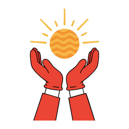Vector illustration shows hands in red gloves lifting a bright sun with radiating lines symbolizing warmth and energy, vivid and uplifting.のイラスト素材