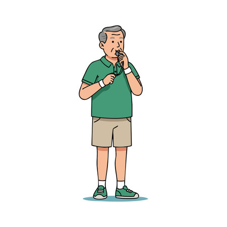 Elderly man in casual sportswear blowing a whistle, standing with focused expression, suggesting coaching or referee role, clear and simple design. Calm mood.のイラスト素材