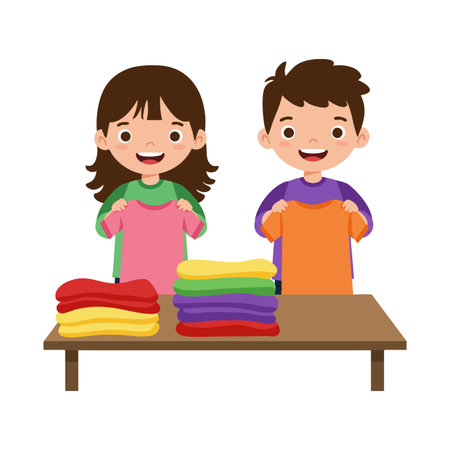 Two children happily folding vibrant clothes on a table, showcasing teamwork and joy in a lively, bright environment. Cheerful mood.のイラスト素材
