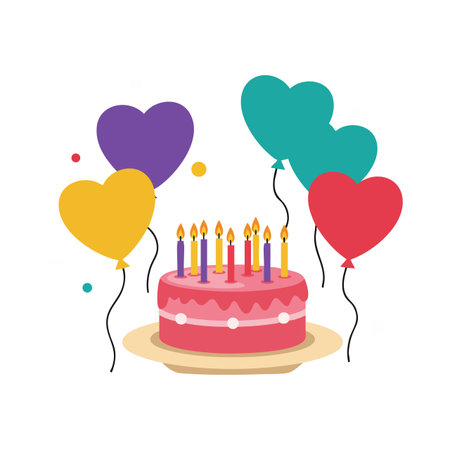 Vector image shows a pink birthday cake with candles surrounded by colorful heart-shaped balloons,...