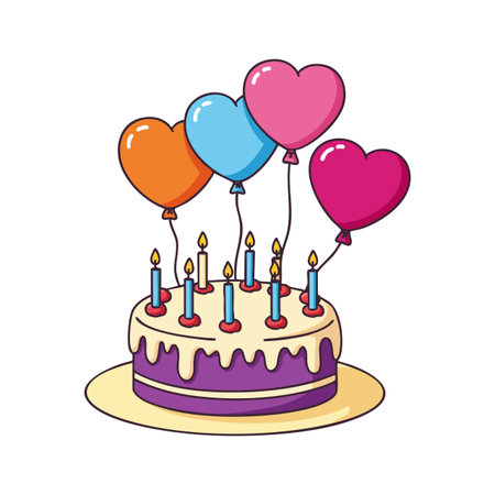 Vector shows birthday cake with purple icing and colorful heart balloons, candles burning, perfect for festive occasion, cheerful mood.のイラスト素材
