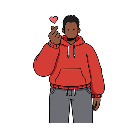 Illustration of a young man wearing a red hoodie making a Korean finger heart gesture, expressing love and friendliness with a casual style. Cheerful mood.のイラスト素材