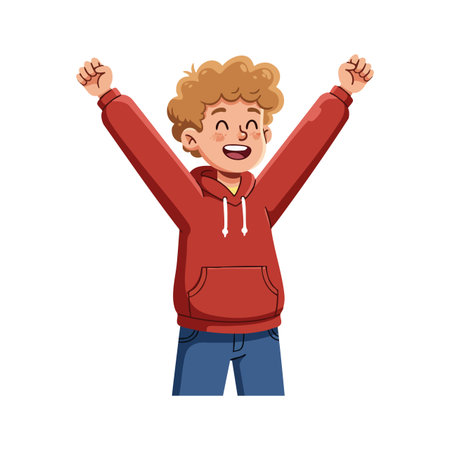 This vector shows a cheerful boy with curly hair raising his hands in joy wearing casual clothes. The mood is energetic and positive.のイラスト素材